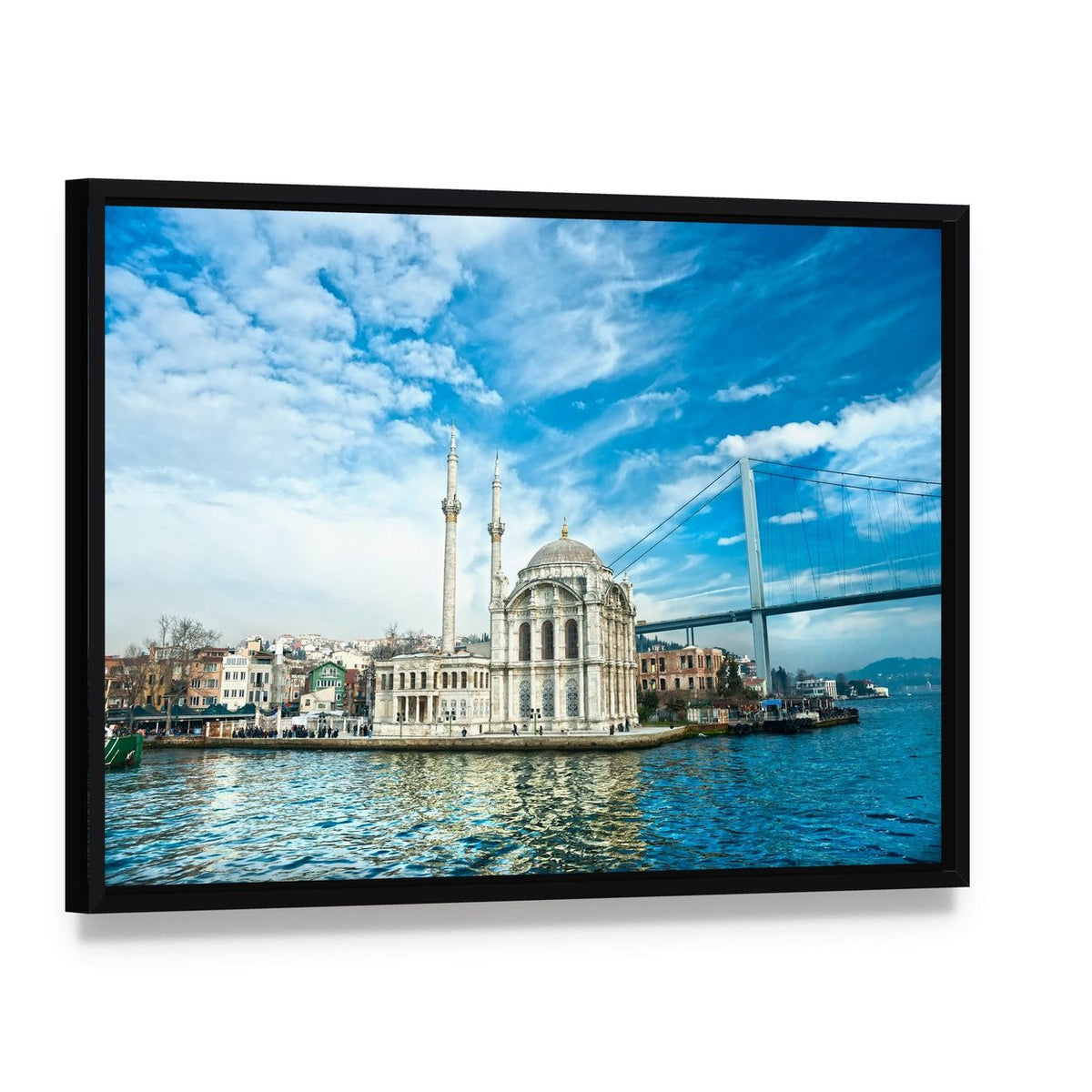 Ortakoy Mosque Canvas Wall Art, framed canvas in a black floater frame, angled product view
