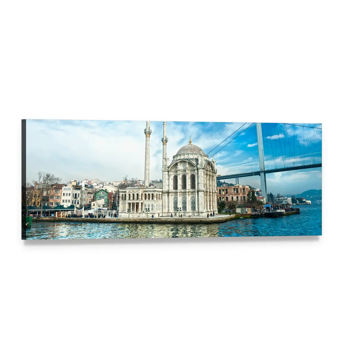 Ortaköy Mosque with Bosphorus Bridge Panoramic Canvas Wall Art, single panel gallery wrapped canvas, angled product view