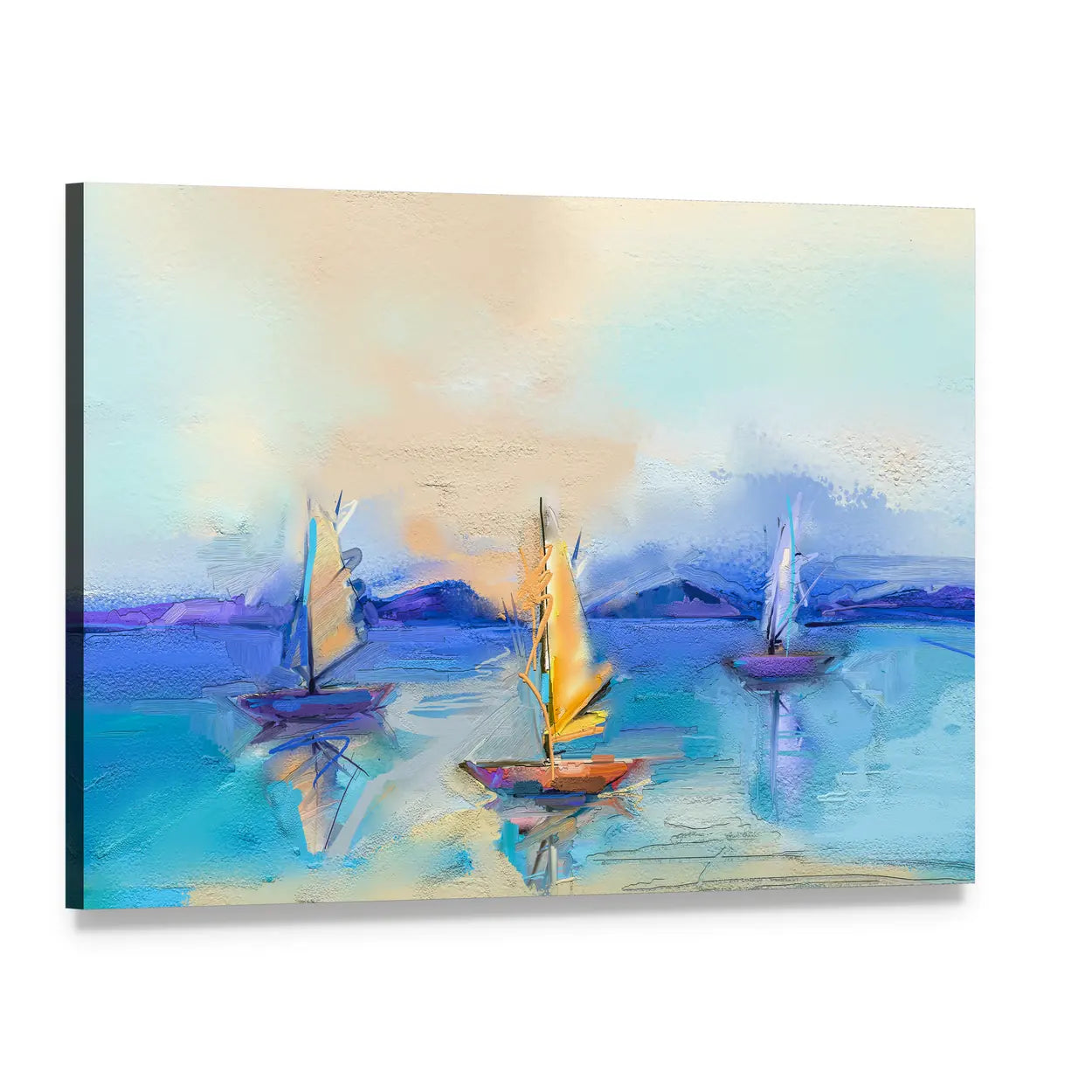 Textured Oil Seascape with Three Sailboats Canvas Wall Art, single panel gallery wrapped canvas, angled product view