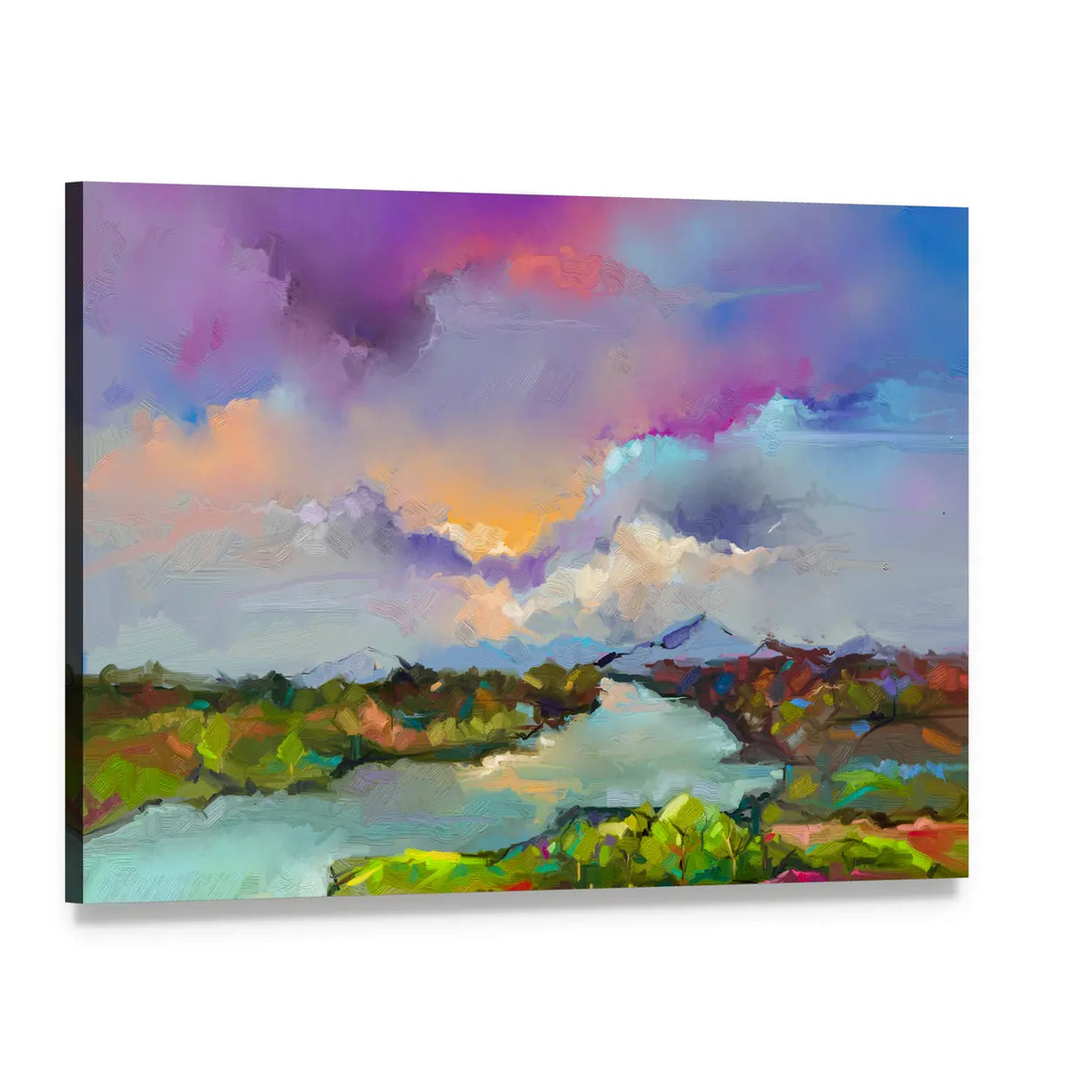 Semi-abstract River Landscape Canvas Wall Art, single panel gallery wrapped canvas, angled product view