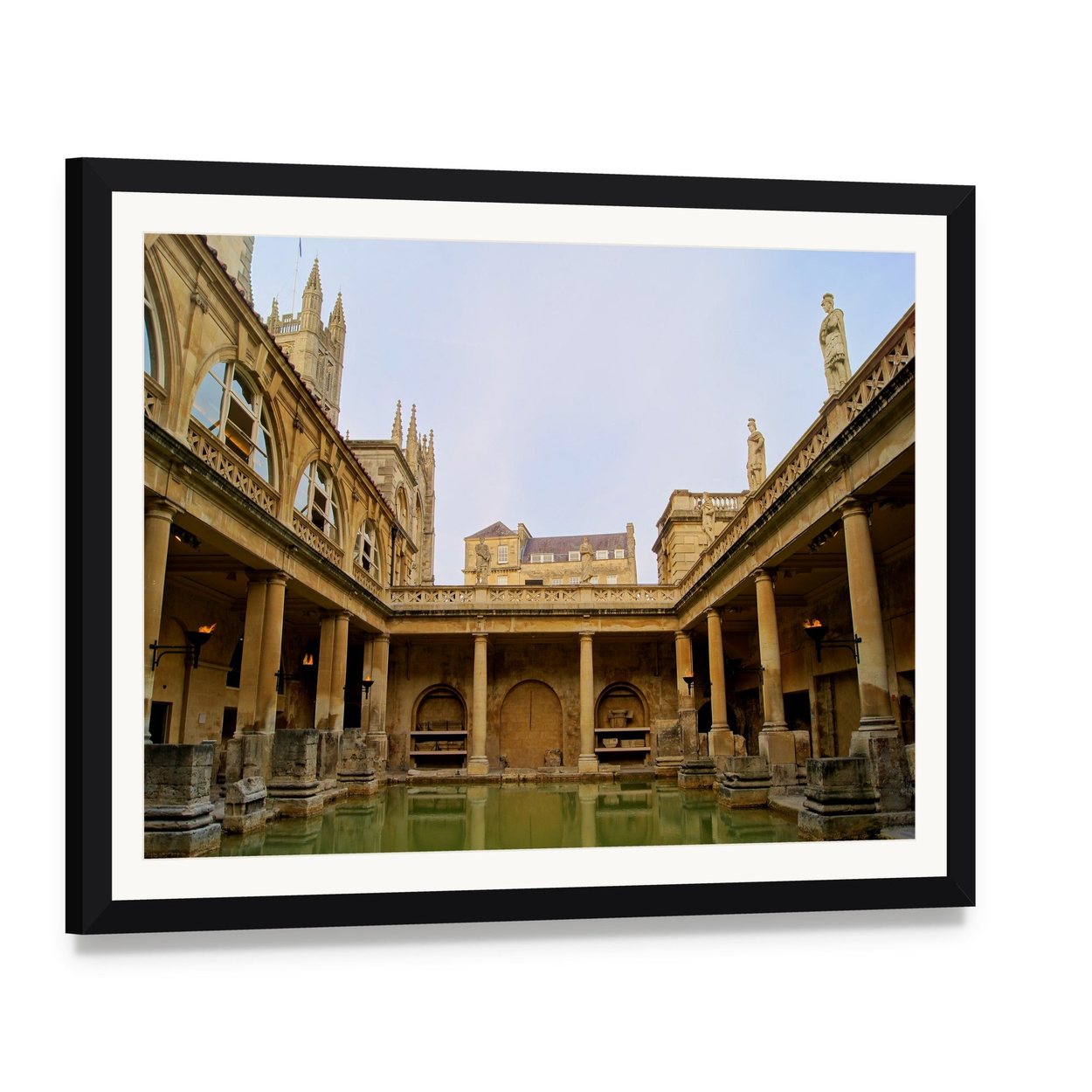 Serene Roman Baths with Gothic Arches Canvas Wall Art, framed print with white mat and black frame, angled product view