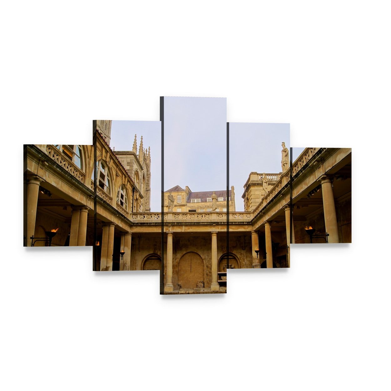 Serene Roman Baths with Gothic Arches Canvas Wall Art, 5 panel 5 Star layout gallery wrapped canvas set, angled product view