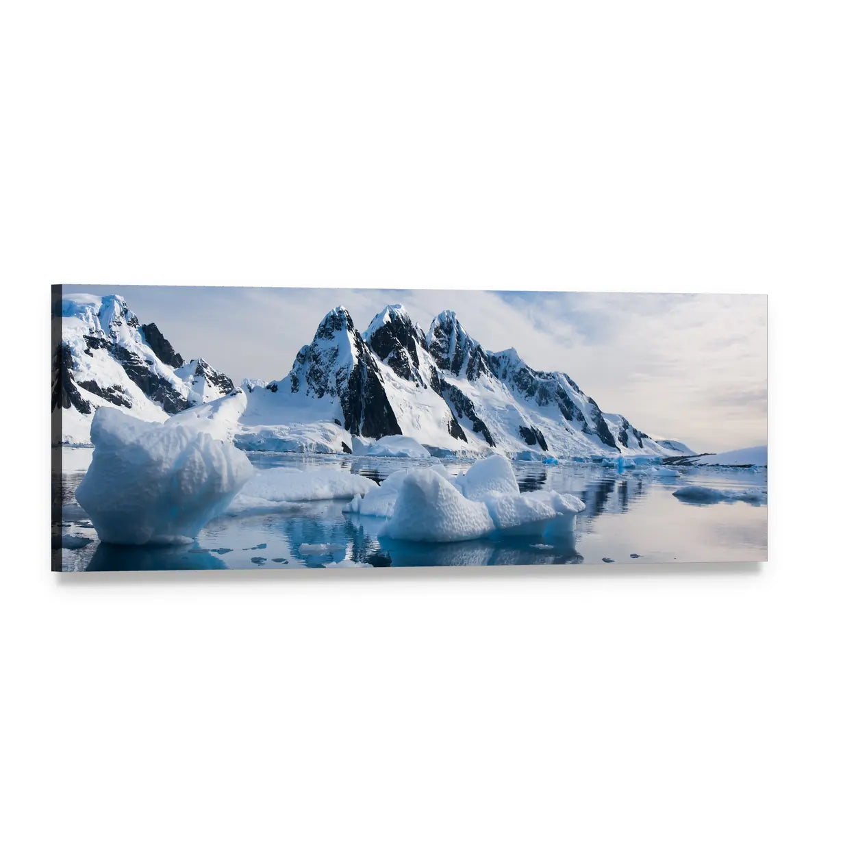 Antarctic Snow-capped Mountains Panoramic Canvas Wall Art, single panel gallery wrapped canvas, angled product view