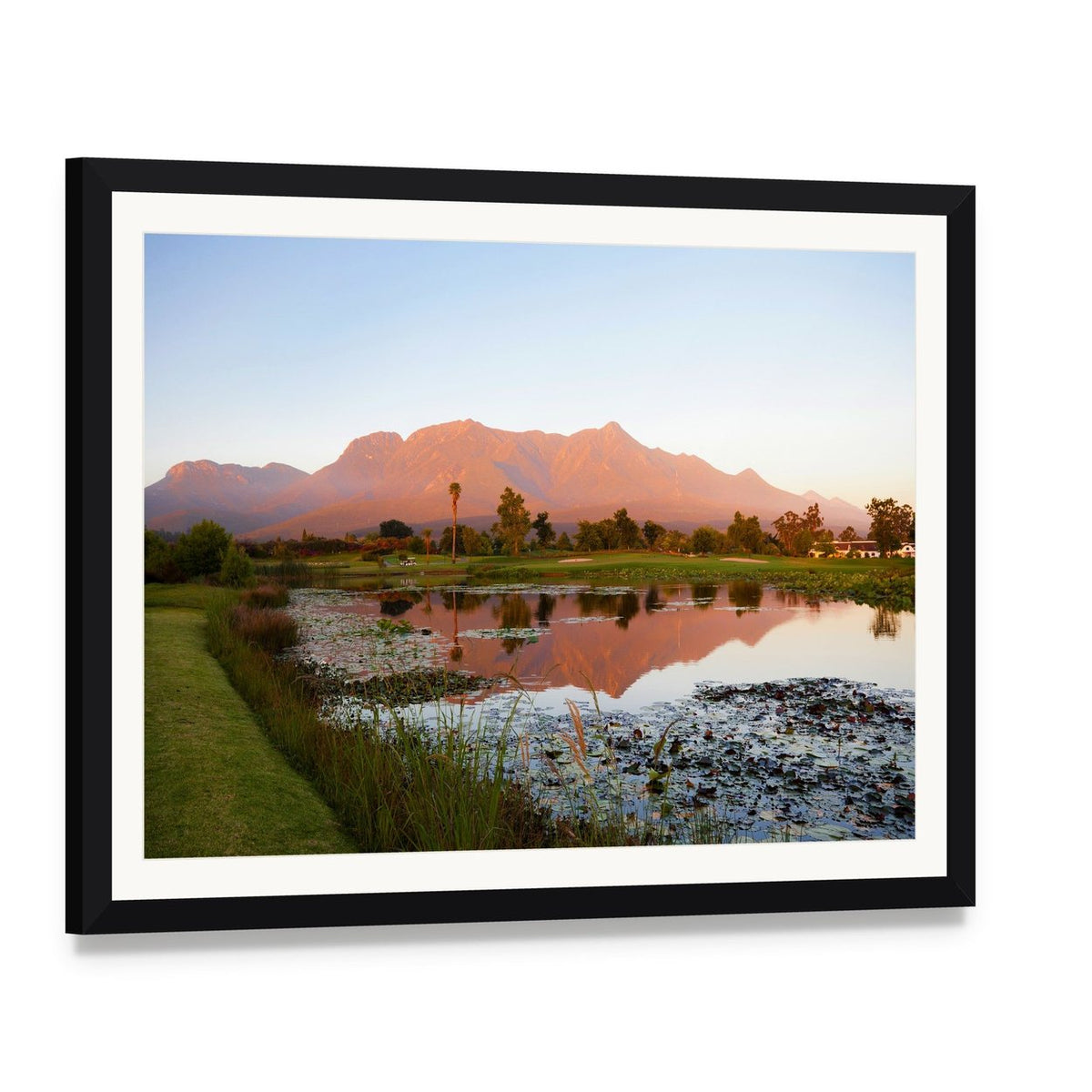Lake George South Africa Landscape Canvas Wall Art, framed print with white mat and black frame, angled product view