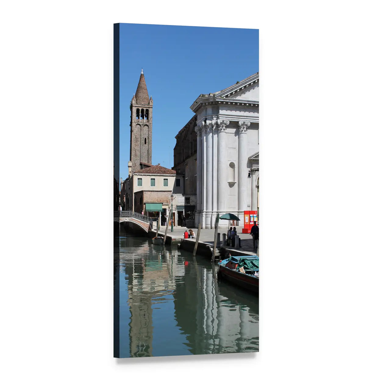 Venice Canal and Bell Tower Vertical Canvas Wall Art, 1 panel 1 Vertical layout gallery wrapped canvas set, angled product view