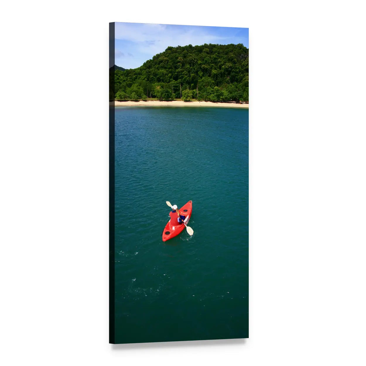 Aerial Red Kayak Over Tropical Beach Vertical Canvas Wall Art, 1 panel 1 Vertical layout gallery wrapped canvas set, angled product view