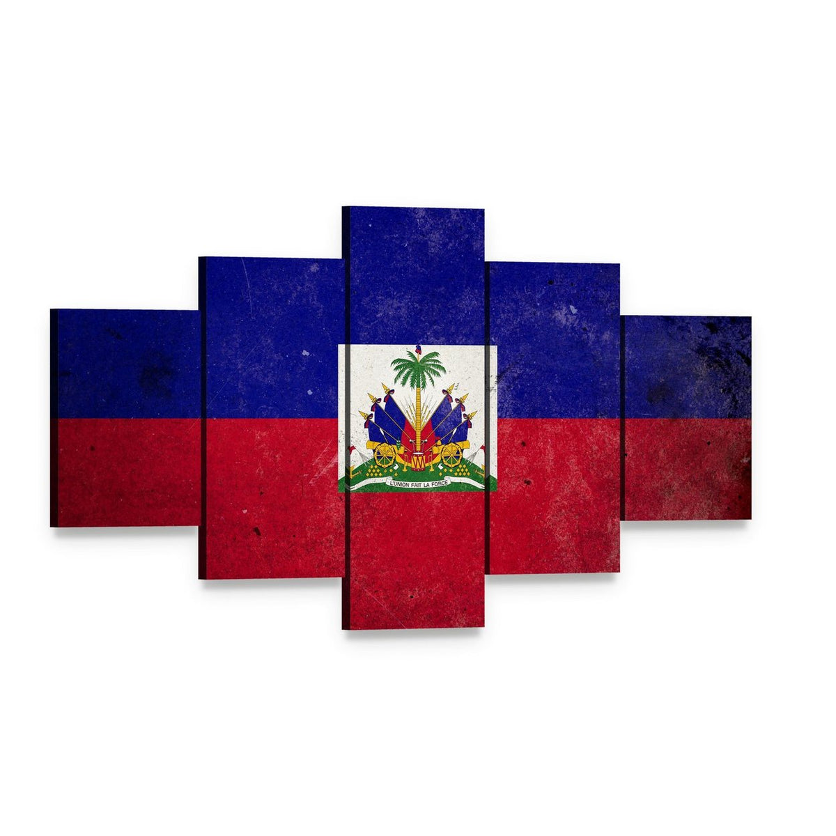 Haiti Flag with National Emblem Canvas Wall Art, 5 panel 5 Star layout gallery wrapped canvas set, angled product view