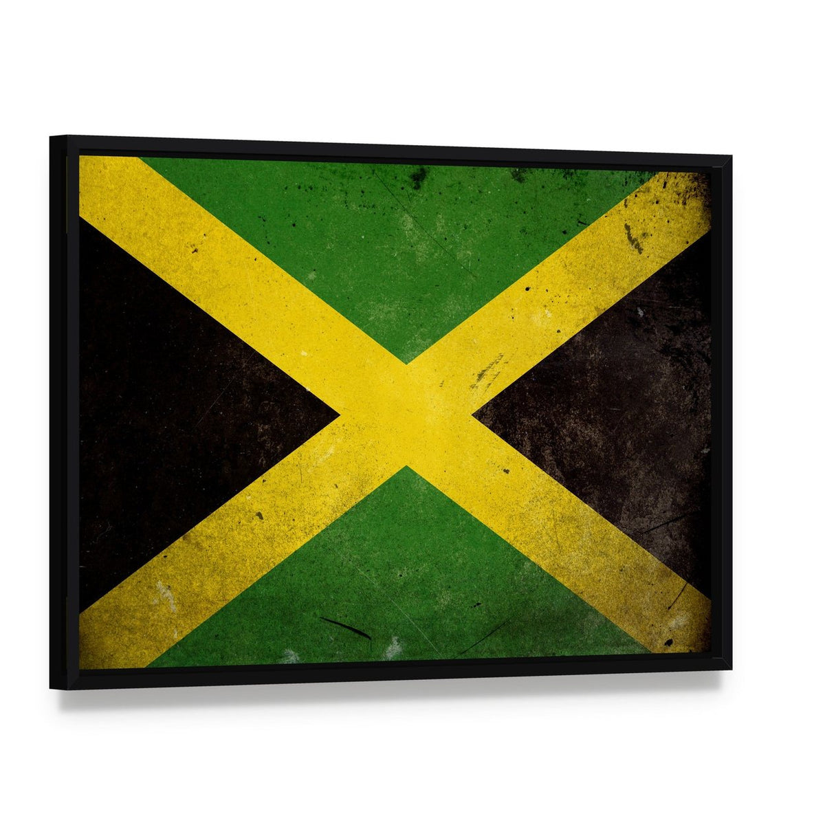Vintage Jamaica Flag Canvas Wall Art, framed canvas in a black floater frame, angled product view