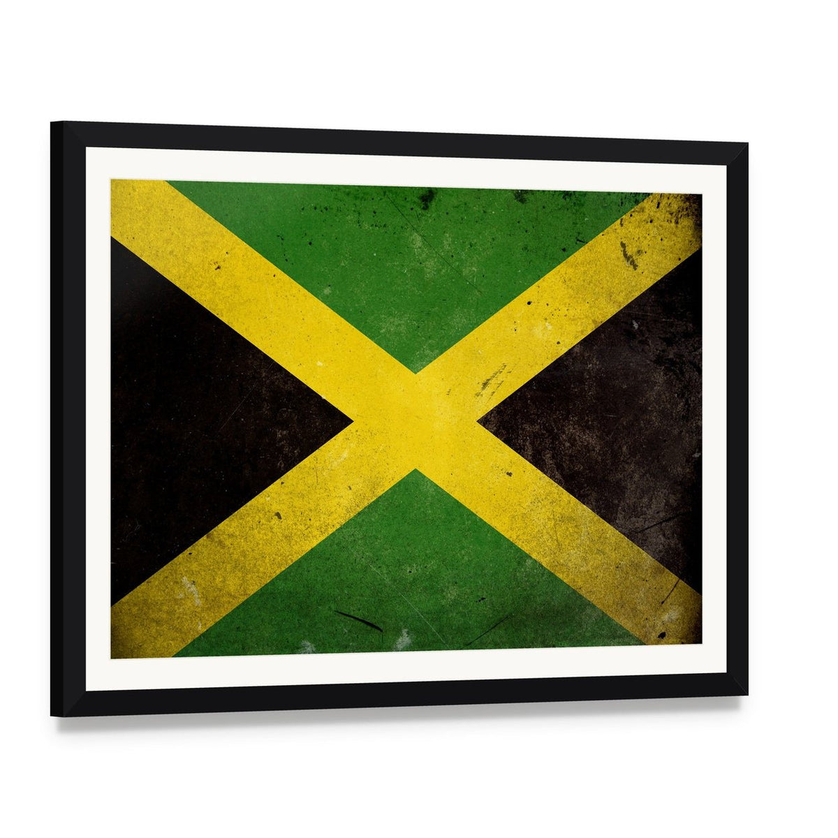 Vintage Jamaica Flag Canvas Wall Art, framed print with white mat and black frame, angled product view