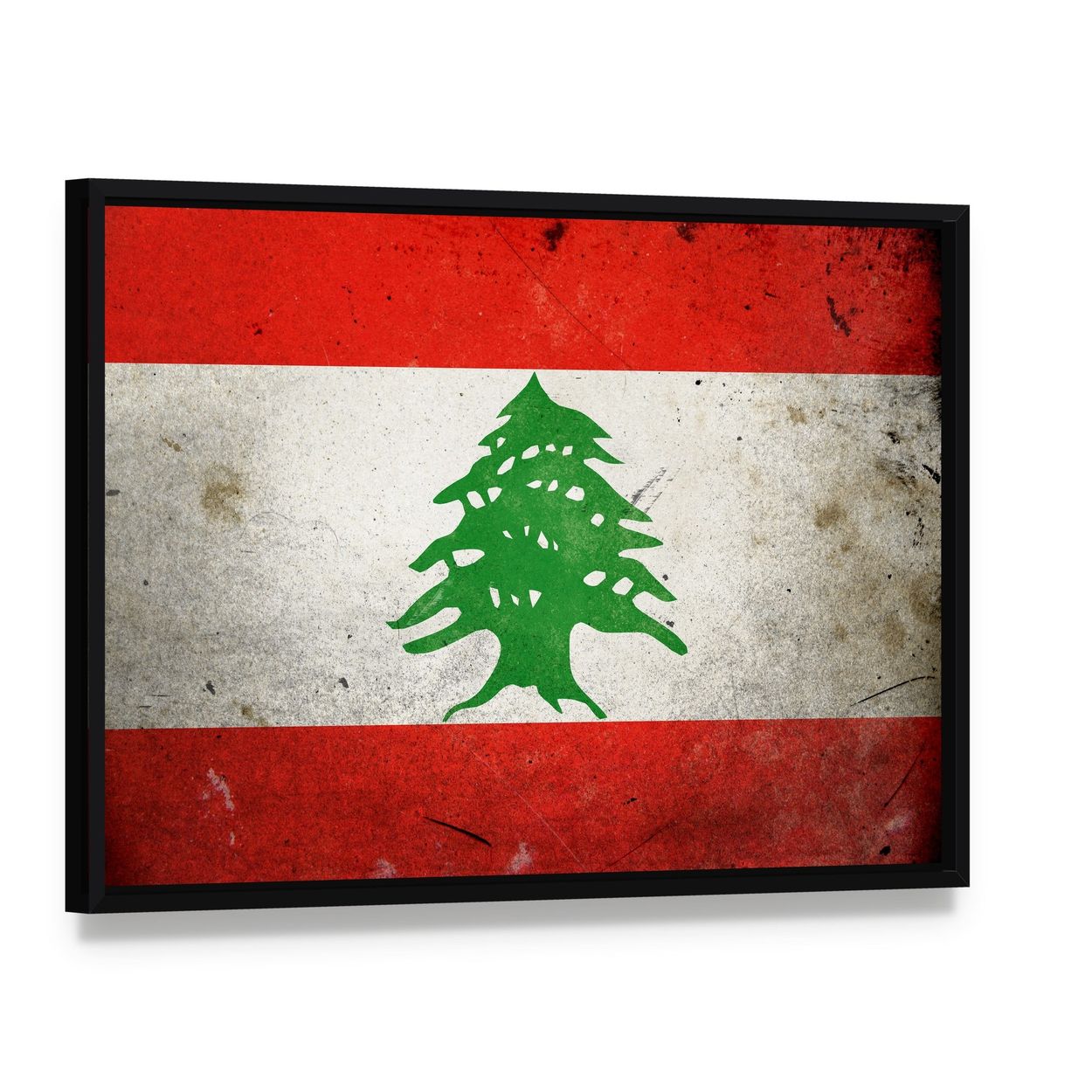 Grunge Lebanese Flag with Cedar Canvas Wall Art, framed canvas in a black floater frame, angled product view