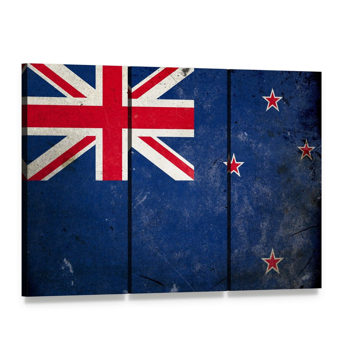Vintage New Zealand Flag with Distressed Texture Canvas Wall Art, 3 panel 3 Horizontal layout gallery wrapped canvas set, angled product view