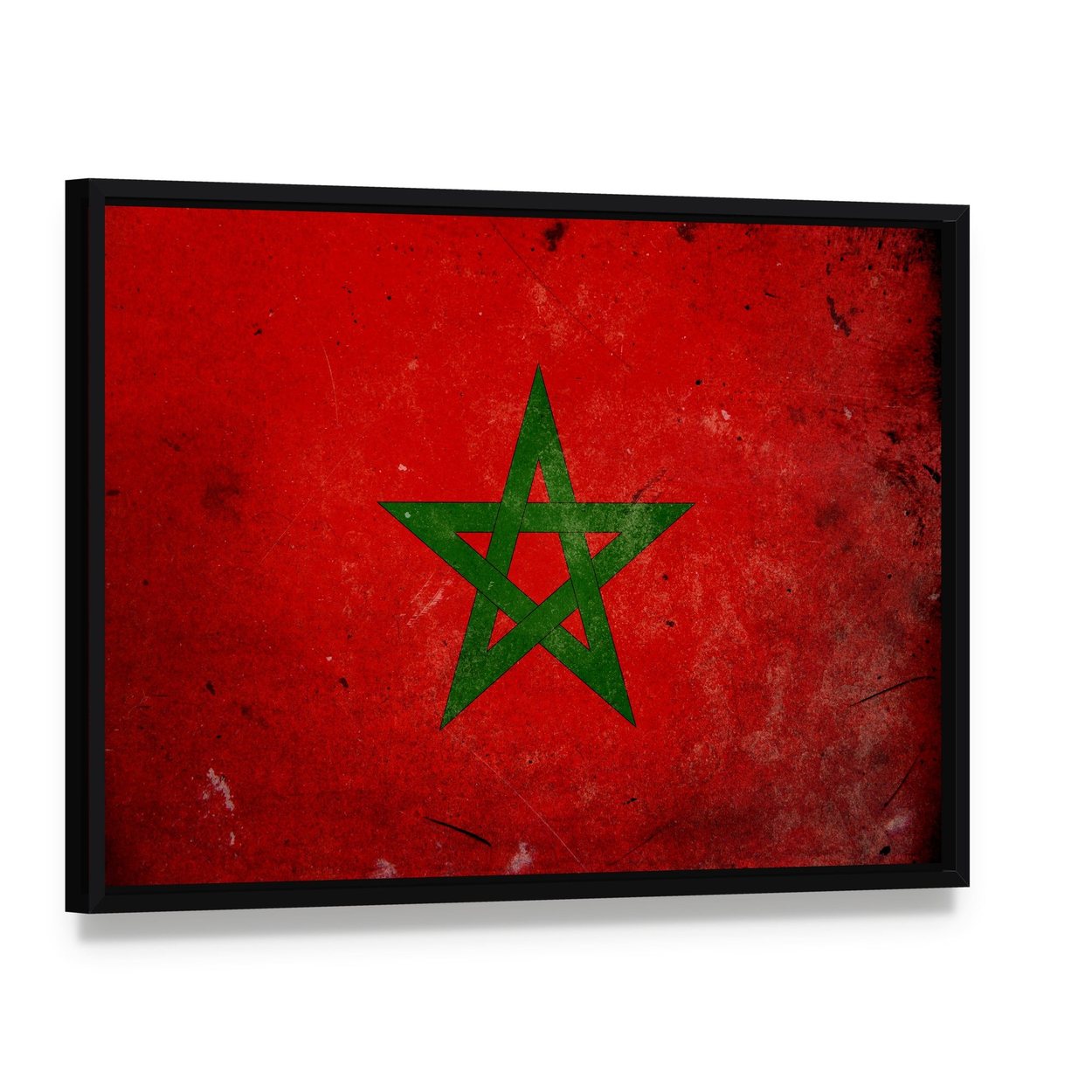 Vintage Moroccan Flag with Distressed Texture Canvas Wall Art, framed canvas in a black floater frame, angled product view