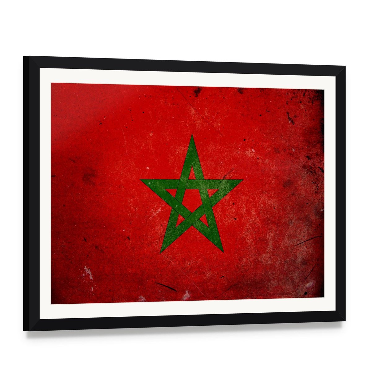 Vintage Moroccan Flag with Distressed Texture Canvas Wall Art, framed print with white mat and black frame, angled product view