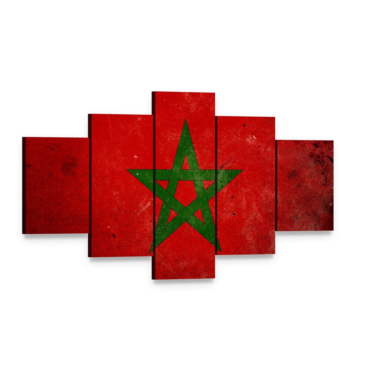 Vintage Moroccan Flag with Distressed Texture Canvas Wall Art, 5 panel 5 Star layout gallery wrapped canvas set, angled product view