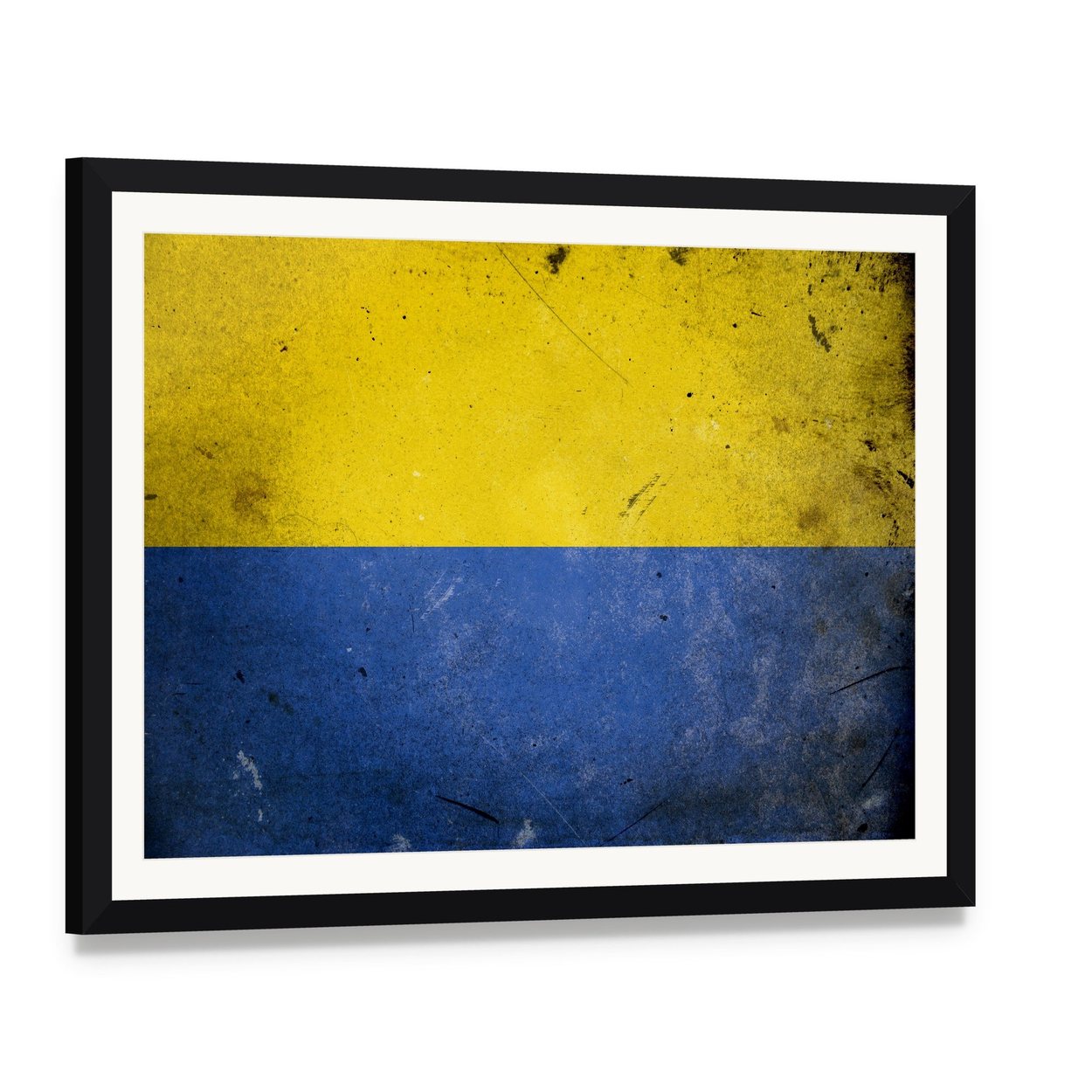 Ukrainian Flag on Vintage Grunge Texture Canvas Wall Art, framed print with white mat and black frame, angled product view