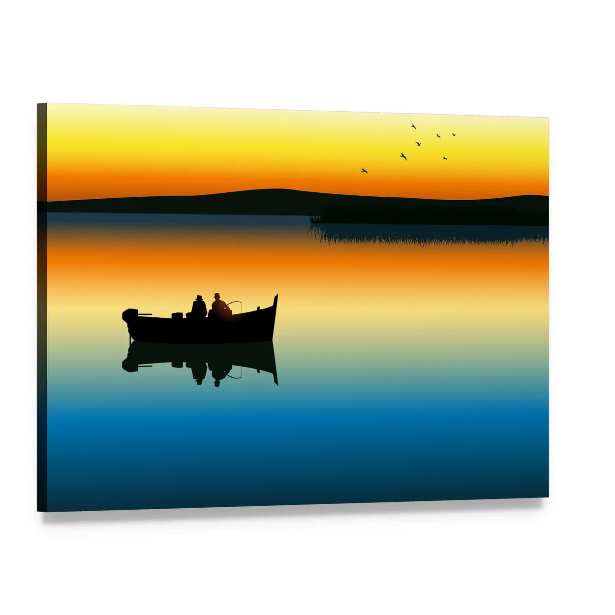 Two-person Fishing Boat at Sunset Canvas Wall Art, single panel gallery wrapped canvas, angled product view