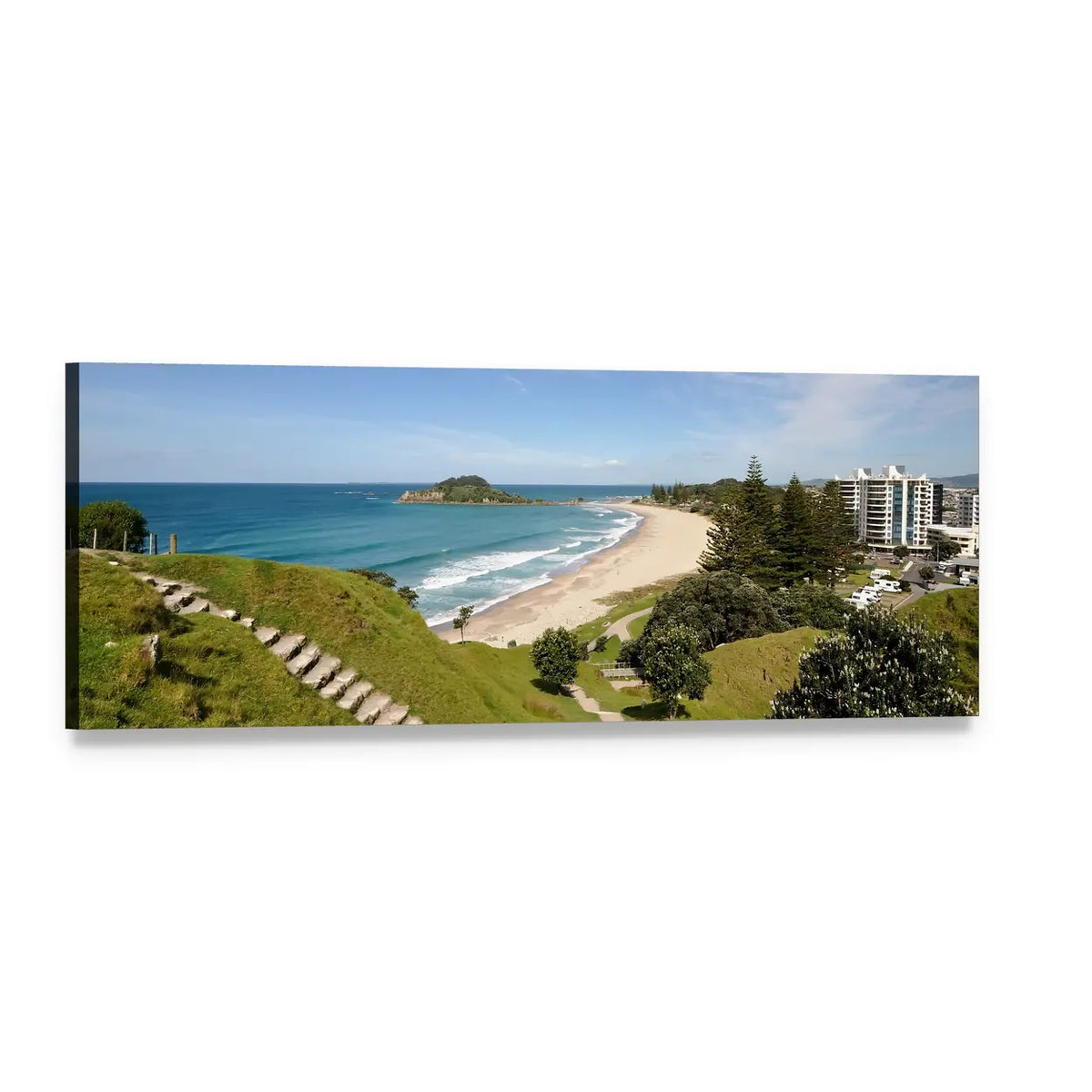 Mount Maunganui Beach View with Stone Steps Panoramic Canvas Wall Art, single panel gallery wrapped canvas, angled product view
