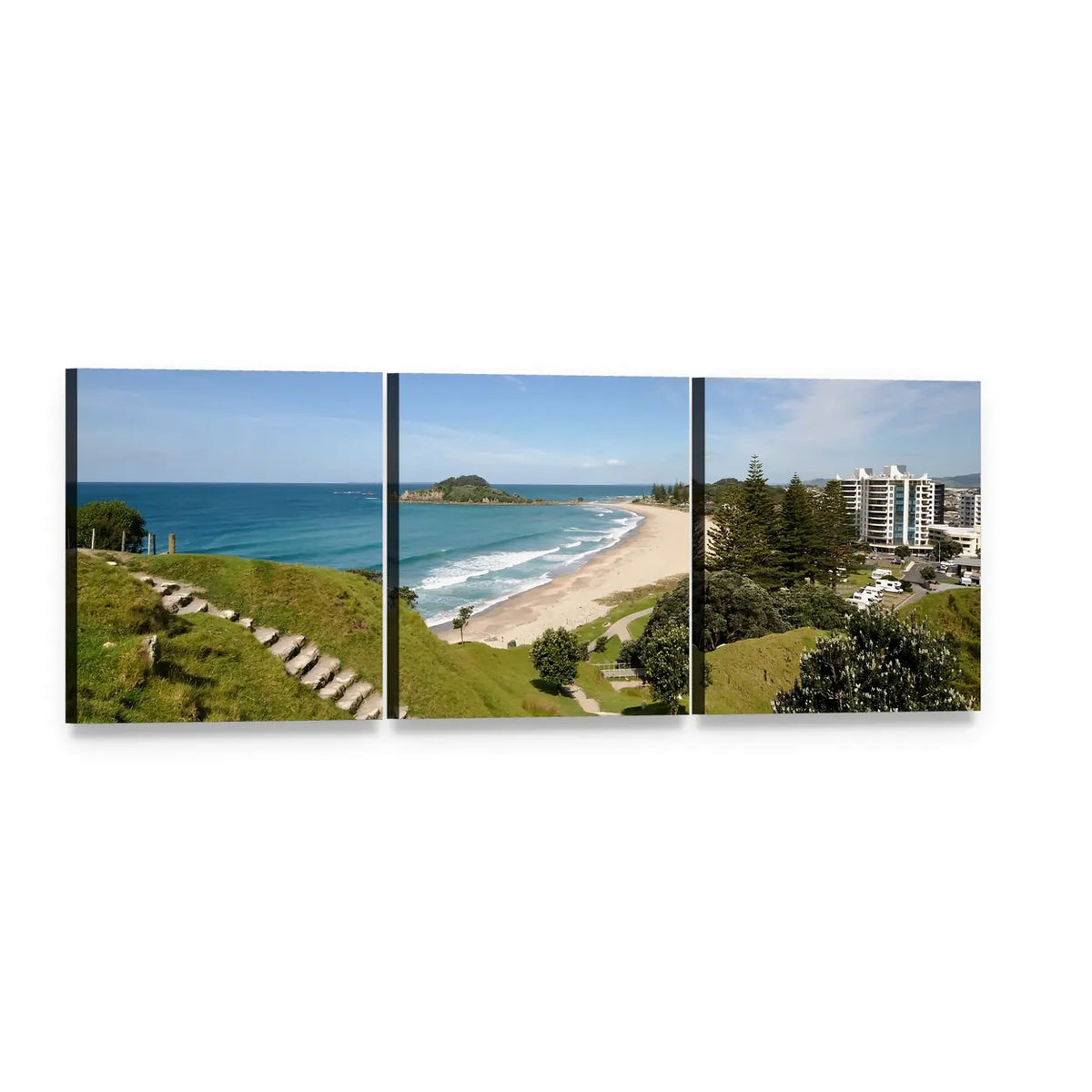 Mount Maunganui Beach View with Stone Steps Panoramic Canvas Wall Art, 3 panel 3 Piece layout gallery wrapped canvas set, angled product view