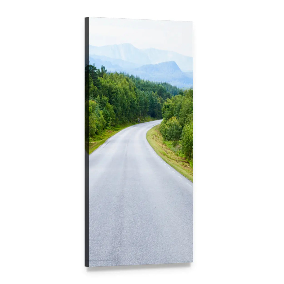 Winding Road Through Forest in Norway Vertical Canvas Wall Art, 1 panel 1 Vertical layout gallery wrapped canvas set, angled product view