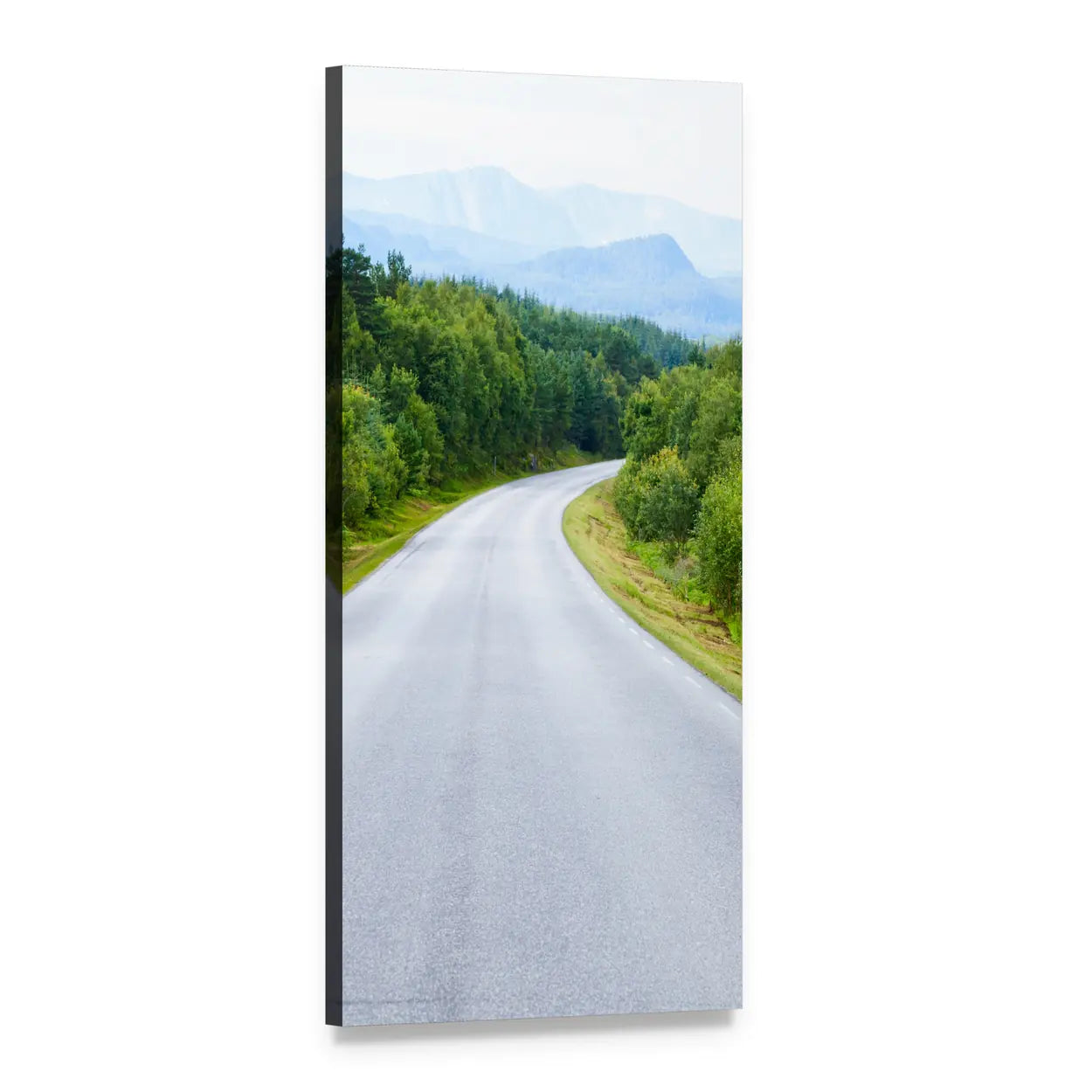 Winding Road Through Forest in Norway Vertical Canvas Wall Art, 1 panel 1 Vertical layout gallery wrapped canvas set, angled product view