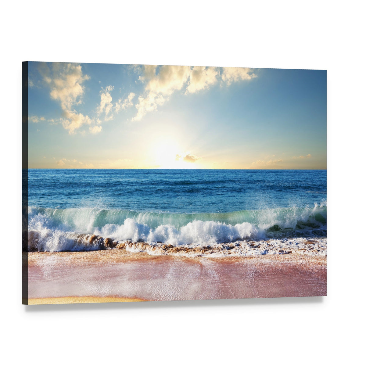 Sunset on Beach with Strong Ocean Waves Canvas Wall Art, single panel gallery wrapped canvas, angled product view