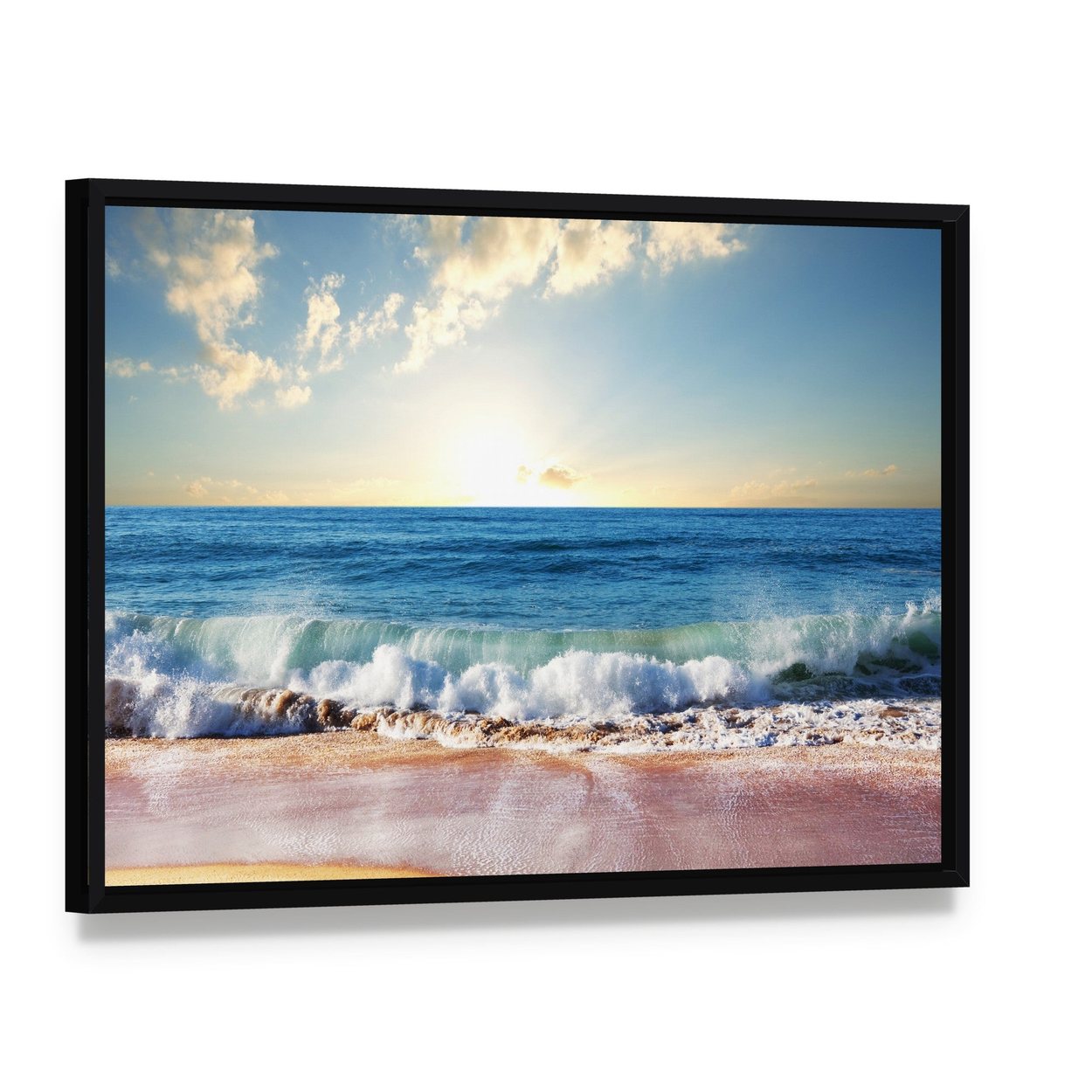 Sunset on Beach with Strong Ocean Waves Canvas Wall Art, framed canvas in a black floater frame, angled product view