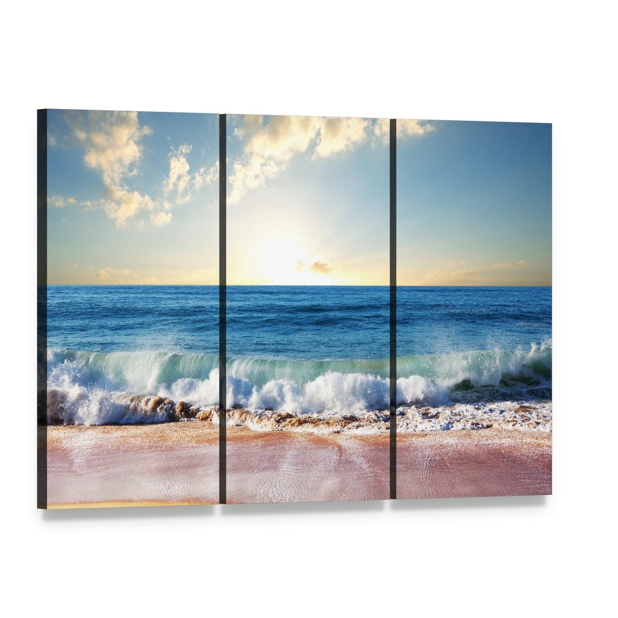 Sunset on Beach with Strong Ocean Waves Canvas Wall Art, 3 panel 3 Horizontal layout gallery wrapped canvas set, angled product view