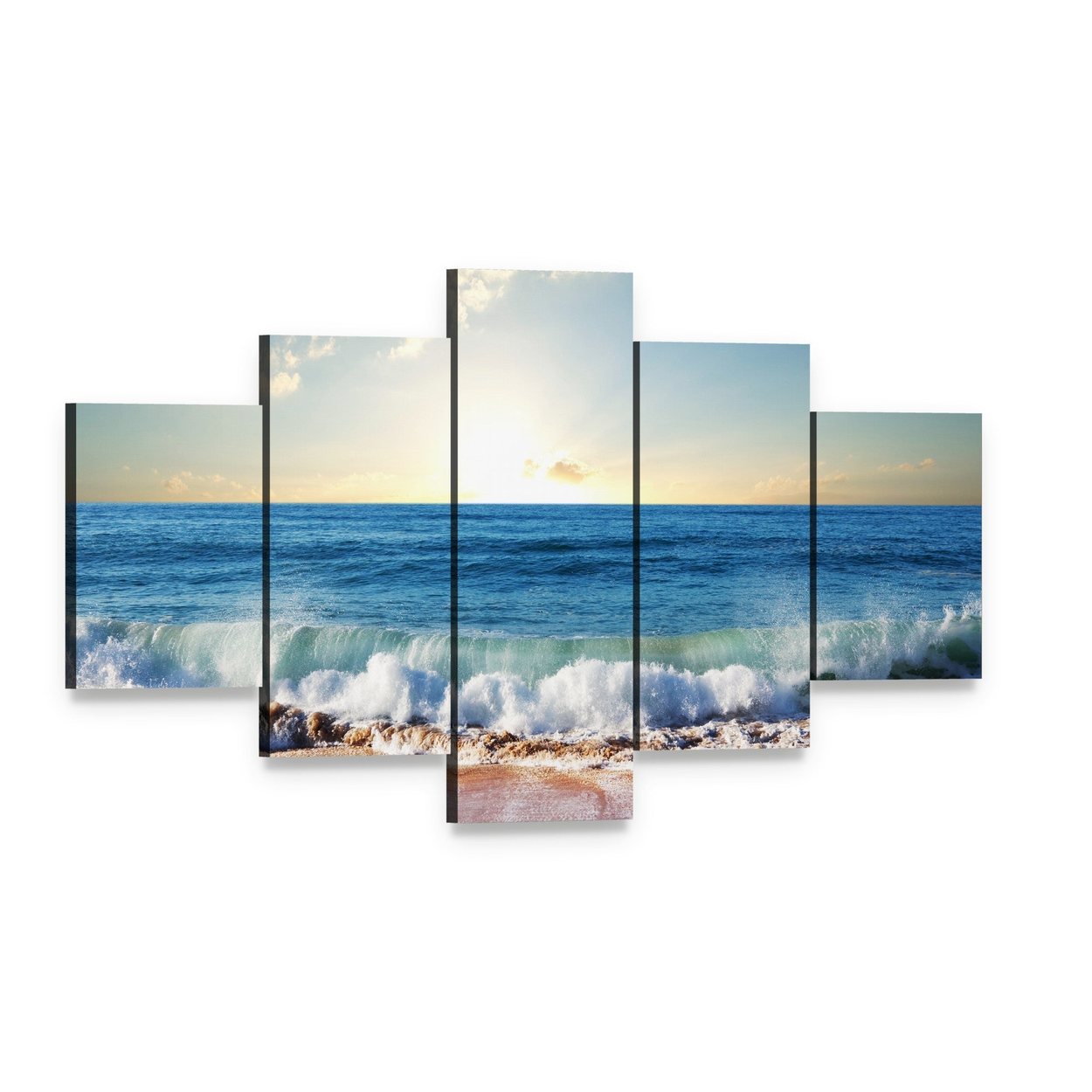 Sunset on Beach with Strong Ocean Waves Canvas Wall Art, 5 panel 5 Star layout gallery wrapped canvas set, angled product view