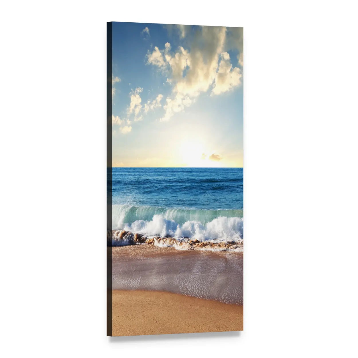 Sea Sunset Over Ocean Waves Vertical Canvas Wall Art, 1 panel 1 Vertical layout gallery wrapped canvas set, angled product view