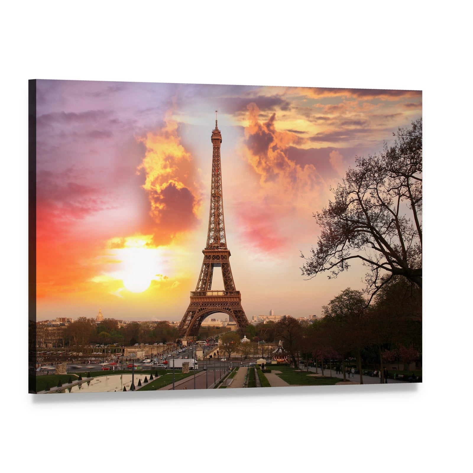 Eiffel Tower Against Sunset Canvas Wall Art, single panel gallery wrapped canvas, angled product view