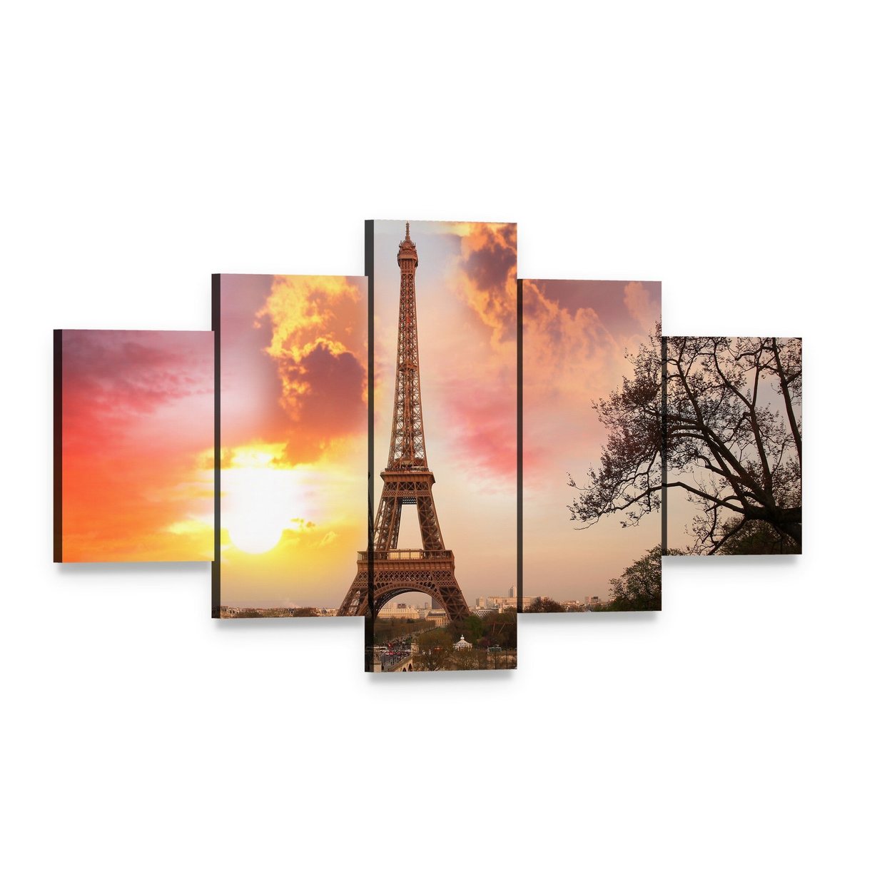 Eiffel Tower Against Sunset Canvas Wall Art, 5 panel 5 Star layout gallery wrapped canvas set, angled product view