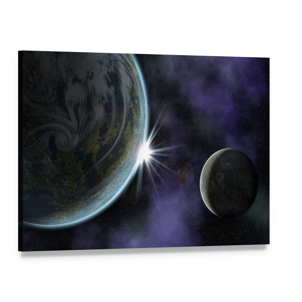Planet with Moon and Star in Deep Space Canvas Wall Art, single panel gallery wrapped canvas, angled product view