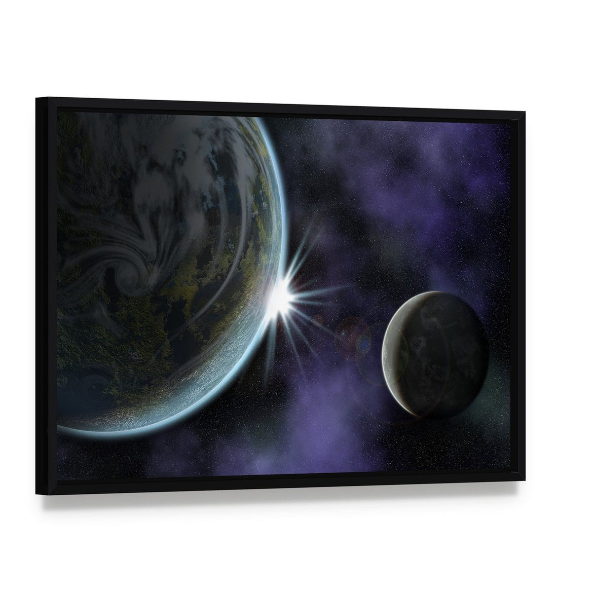 Planet with Moon and Star in Deep Space Canvas Wall Art, framed canvas in a black floater frame, angled product view