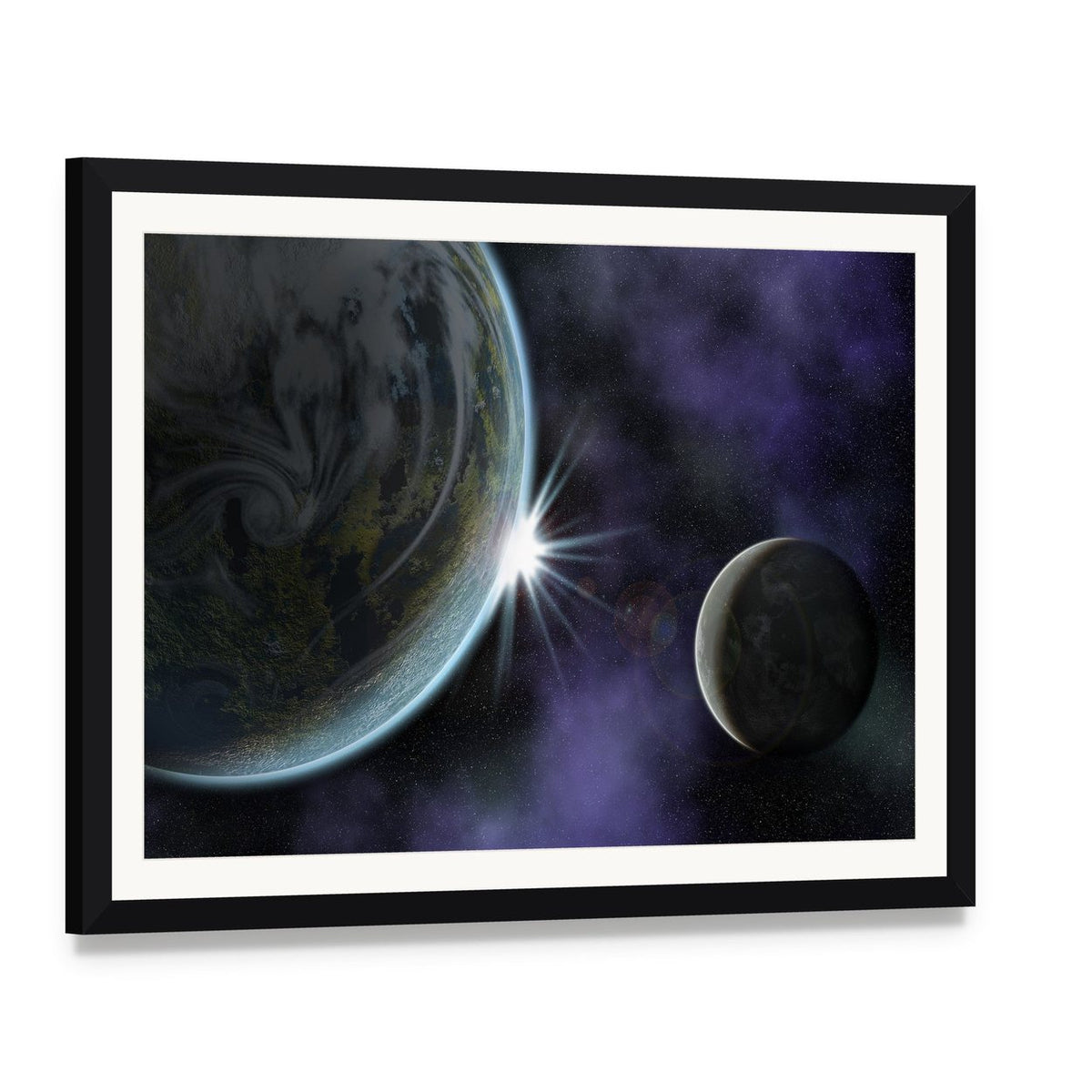 Planet with Moon and Star in Deep Space Canvas Wall Art, framed print with white mat and black frame, angled product view
