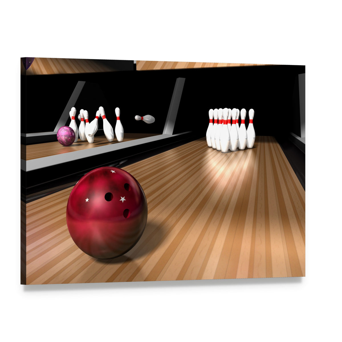 Red Bowling Ball Canvas Wall Art, single panel gallery wrapped canvas, angled product view