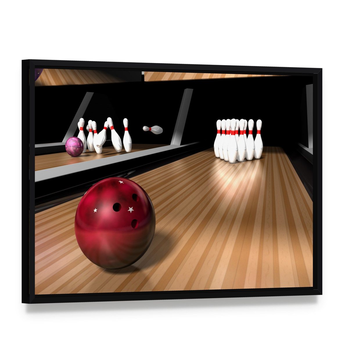 Red Bowling Ball Canvas Wall Art, framed canvas in a black floater frame, angled product view