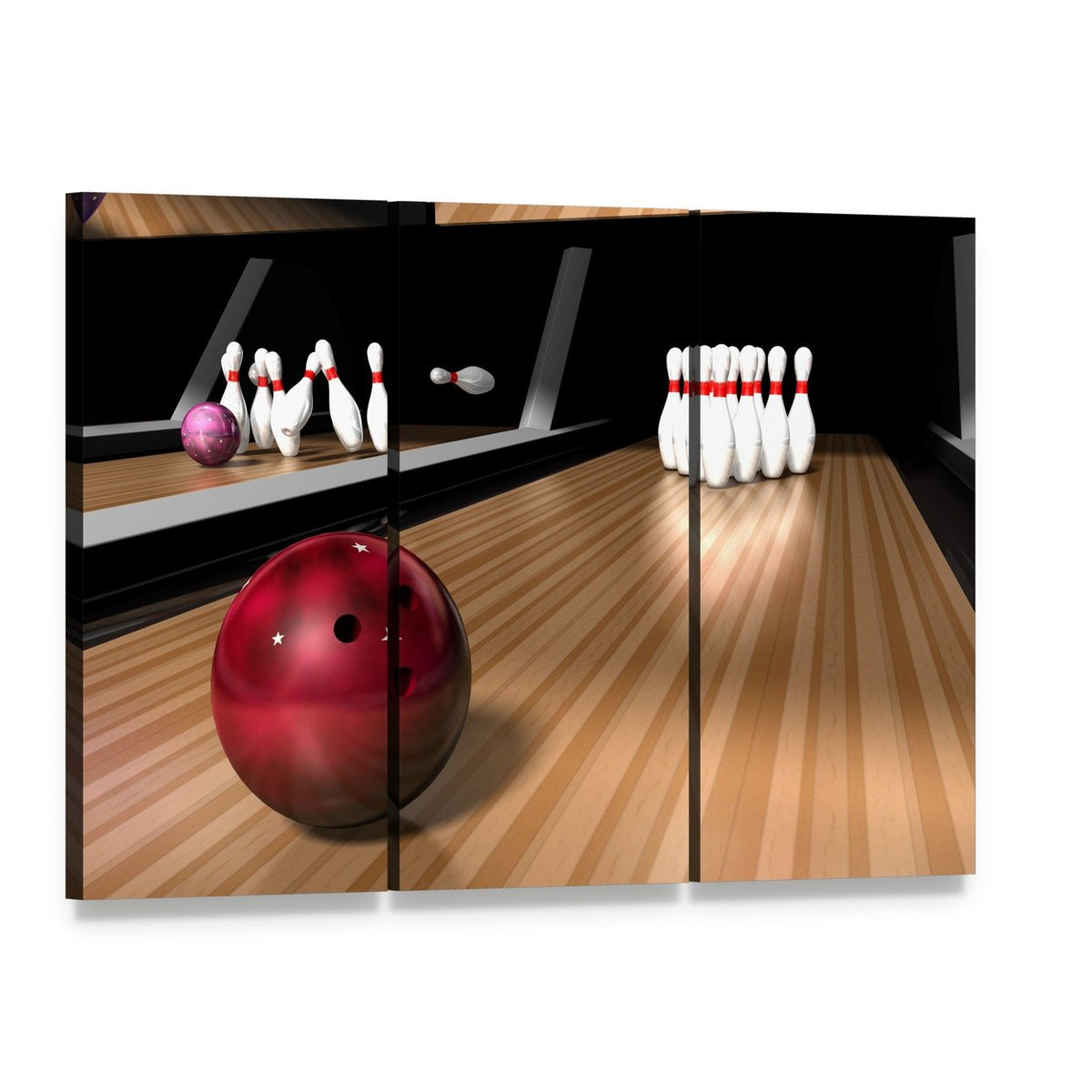 Red Bowling Ball Canvas Wall Art, 3 panel 3 Horizontal layout gallery wrapped canvas set, angled product view
