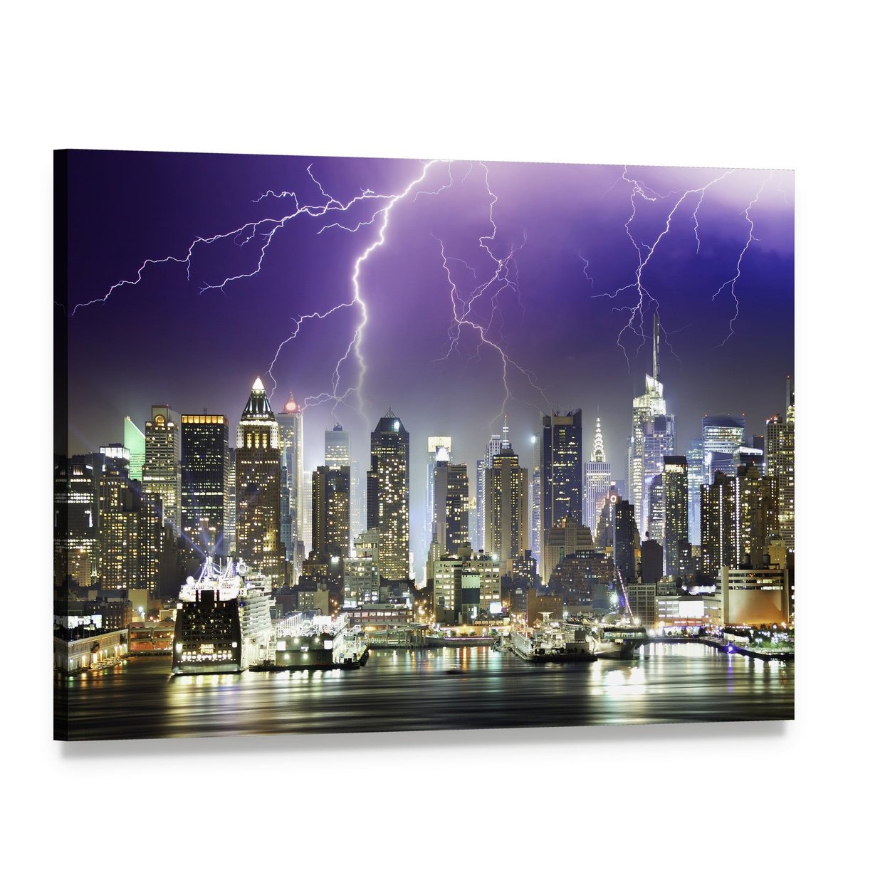 Lightning Striking New York City at Night Canvas Wall Art, single panel gallery wrapped canvas, angled product view