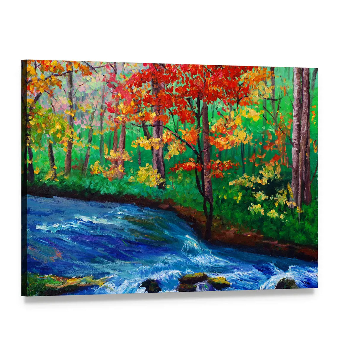 Autumn Maple by Flowing Stream Canvas Wall Art, single panel gallery wrapped canvas, angled product view