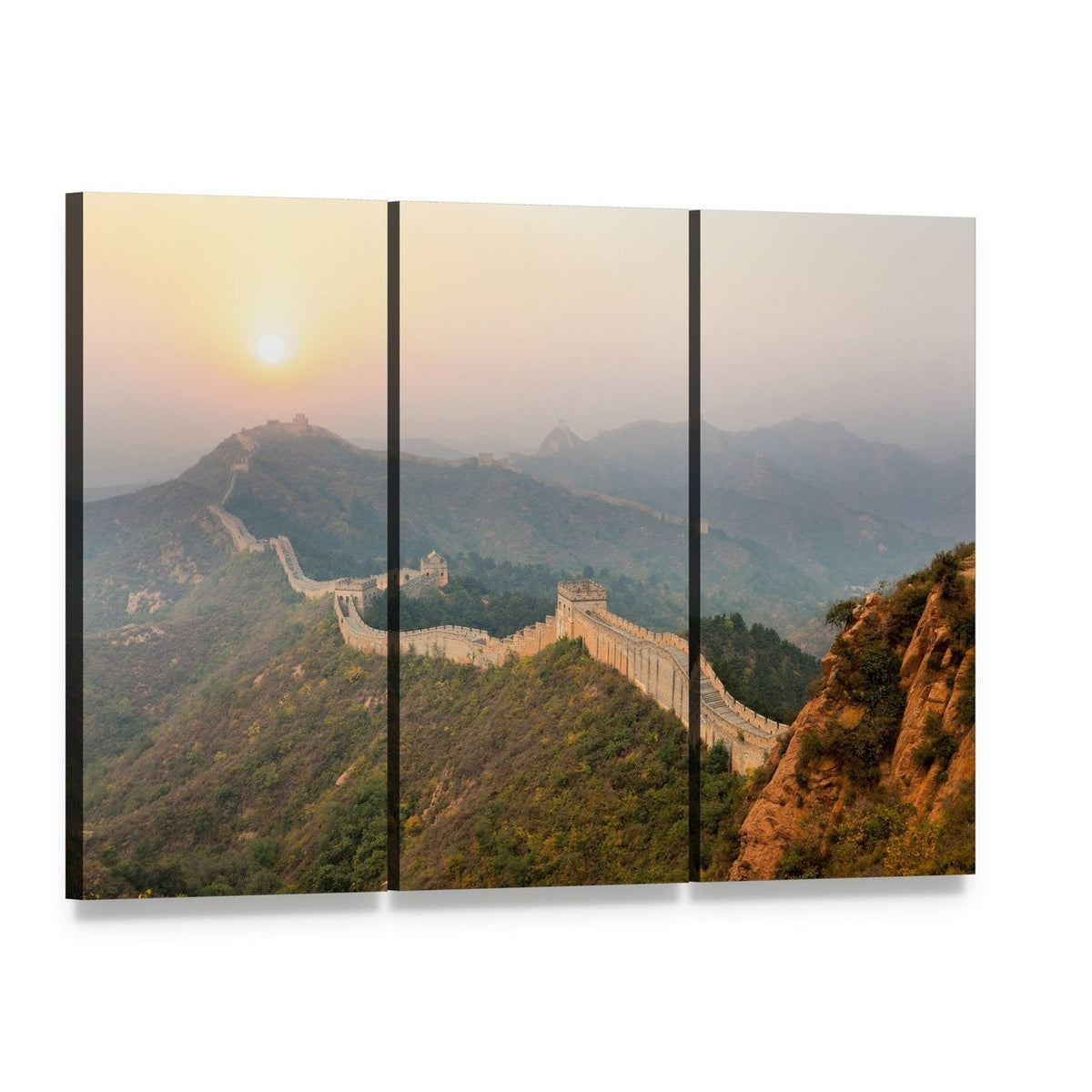 Great Wall Winding Through Mountains at Sunrise Canvas Wall Art, 3 panel 3 Horizontal layout gallery wrapped canvas set, angled product view