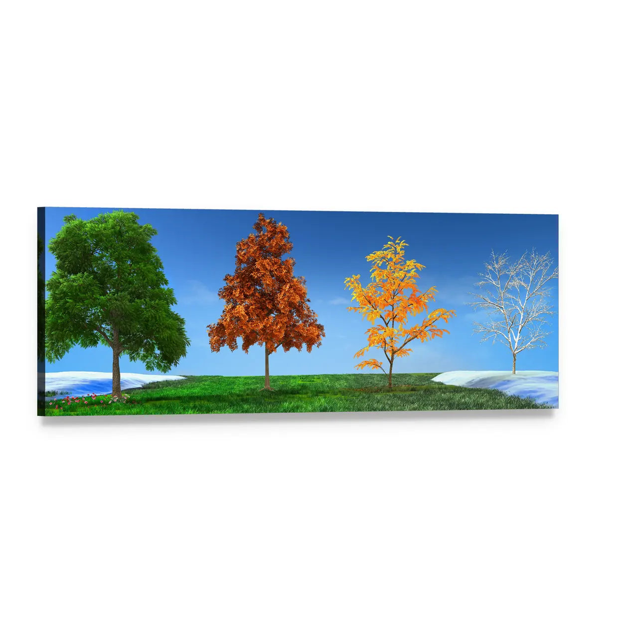 Four Seasons Trees Panoramic Canvas Wall Art, single panel gallery wrapped canvas, angled product view