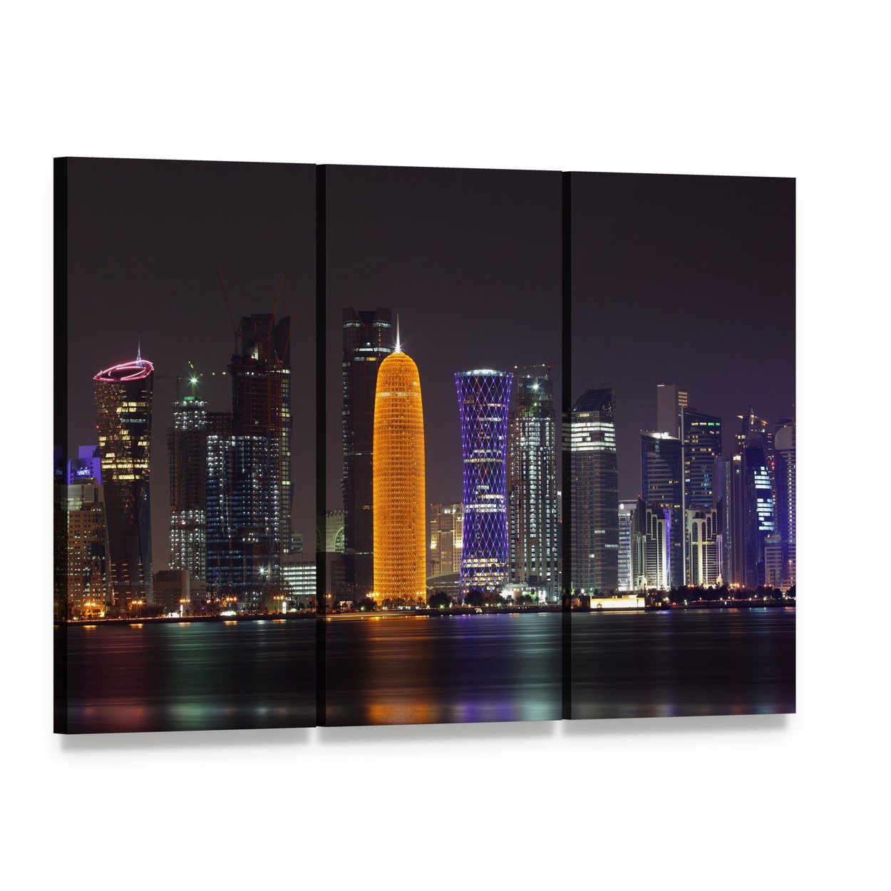 Doha Night Skyline Canvas Wall Art, 3 panel 3 Horizontal layout gallery wrapped canvas set, angled product view