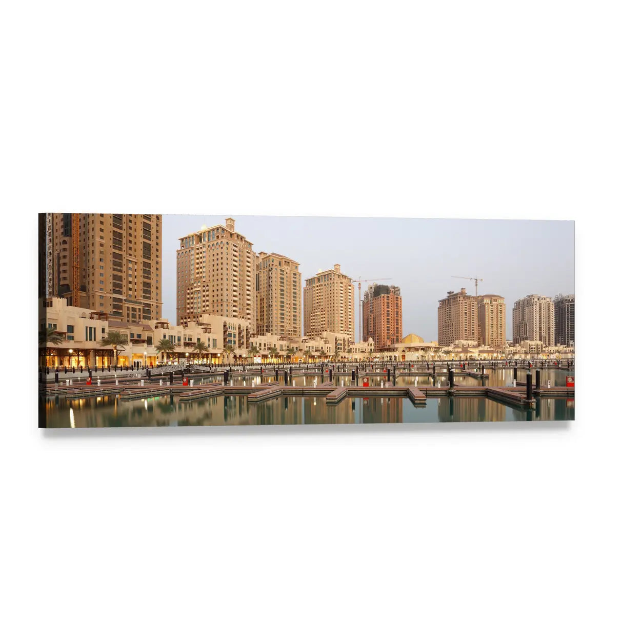 Doha Marina and Residential Skyline Panoramic Canvas Wall Art, single panel gallery wrapped canvas, angled product view