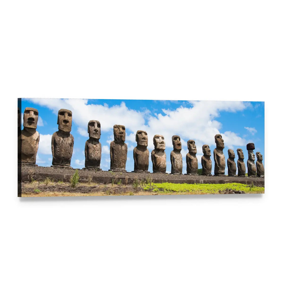 Ahu Tongariki Moai Lineup on Easter Island Panoramic Canvas Wall Art, single panel gallery wrapped canvas, angled product view