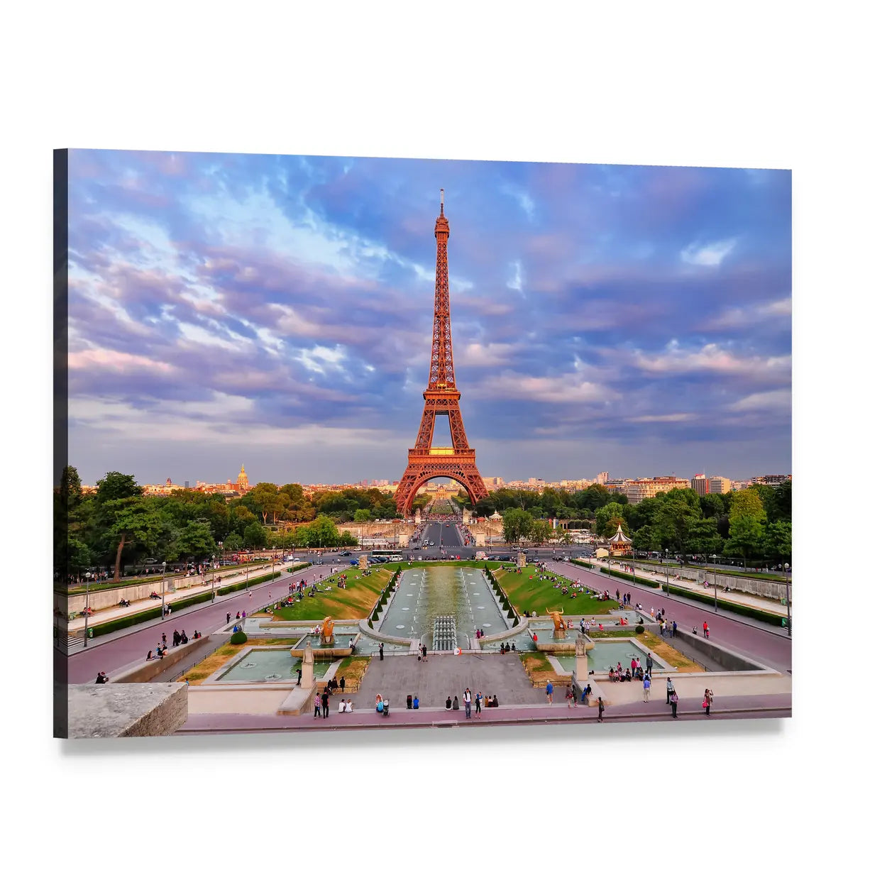 Eiffel Tower at Cloudy Sunset Canvas Wall Art, single panel gallery wrapped canvas, angled product view