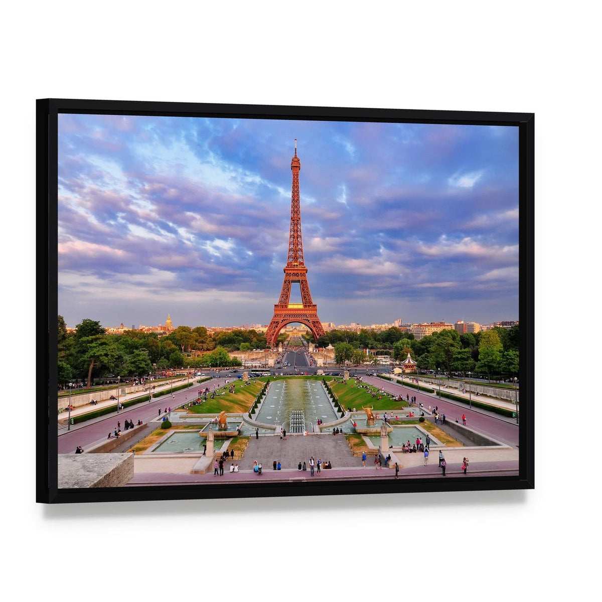 Eiffel Tower at Cloudy Sunset Canvas Wall Art, framed canvas in a black floater frame, angled product view