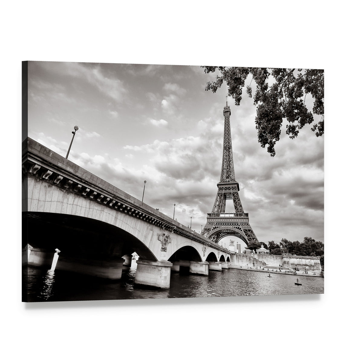 Eiffel Tower from Seine River Canvas Wall Art, single panel gallery wrapped canvas, angled product view
