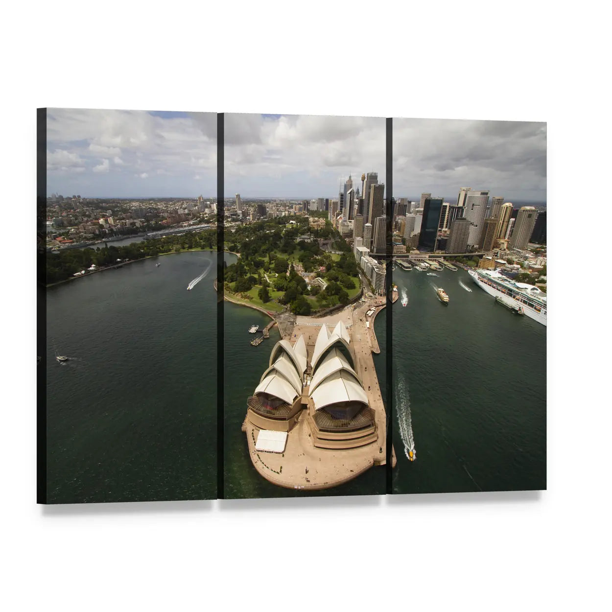 Aerial View of Sydney Opera House Canvas Wall Art, 3 panel 3 Horizontal layout gallery wrapped canvas set, angled product view