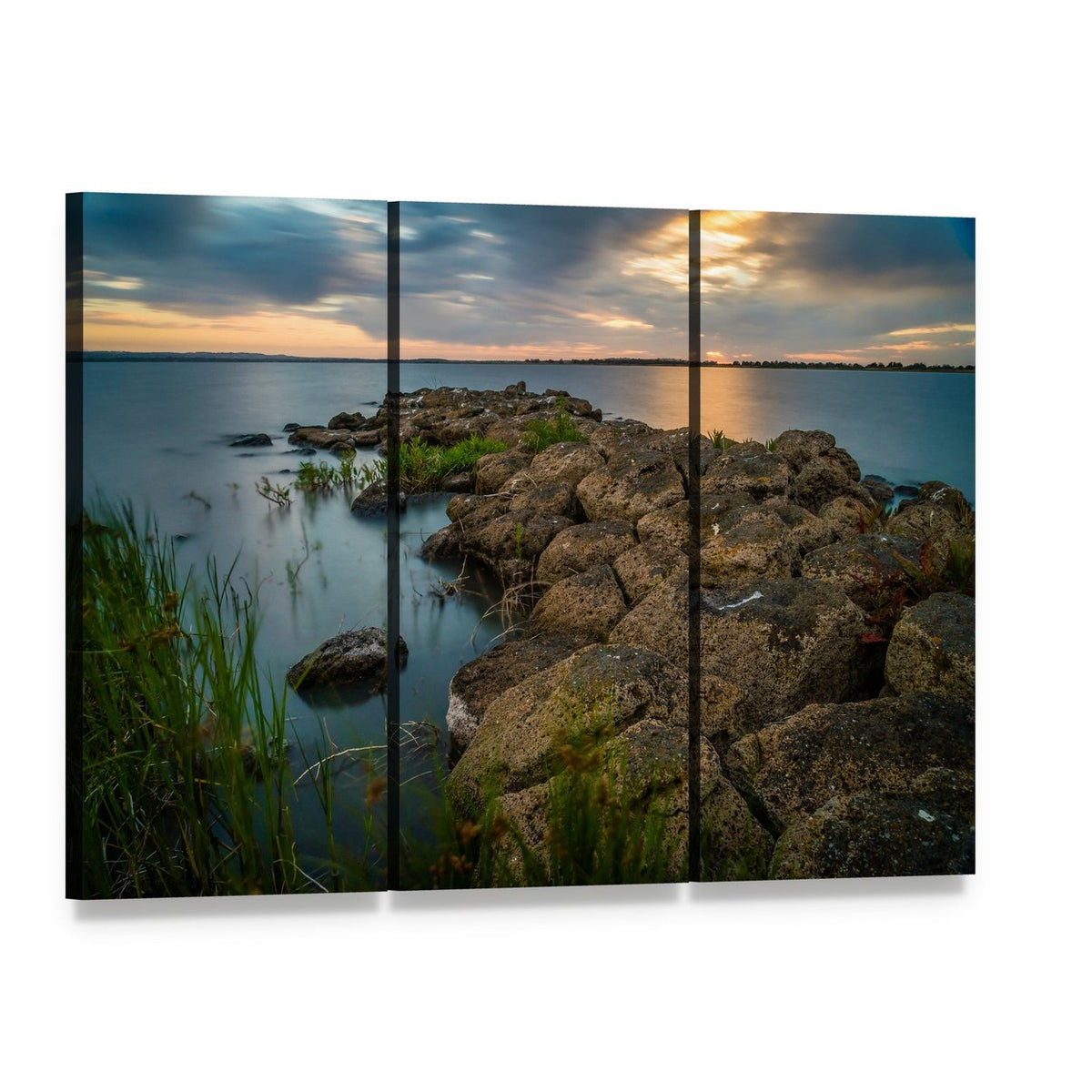 Sunset Over a Stone Pier in a Lake Canvas Wall Art, 3 panel 3 Horizontal layout gallery wrapped canvas set, angled product view