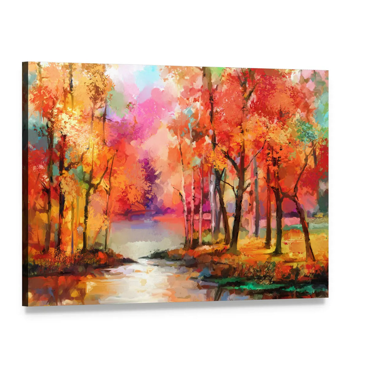 Autumn Forest with River Canvas Wall Art, single panel gallery wrapped canvas, angled product view